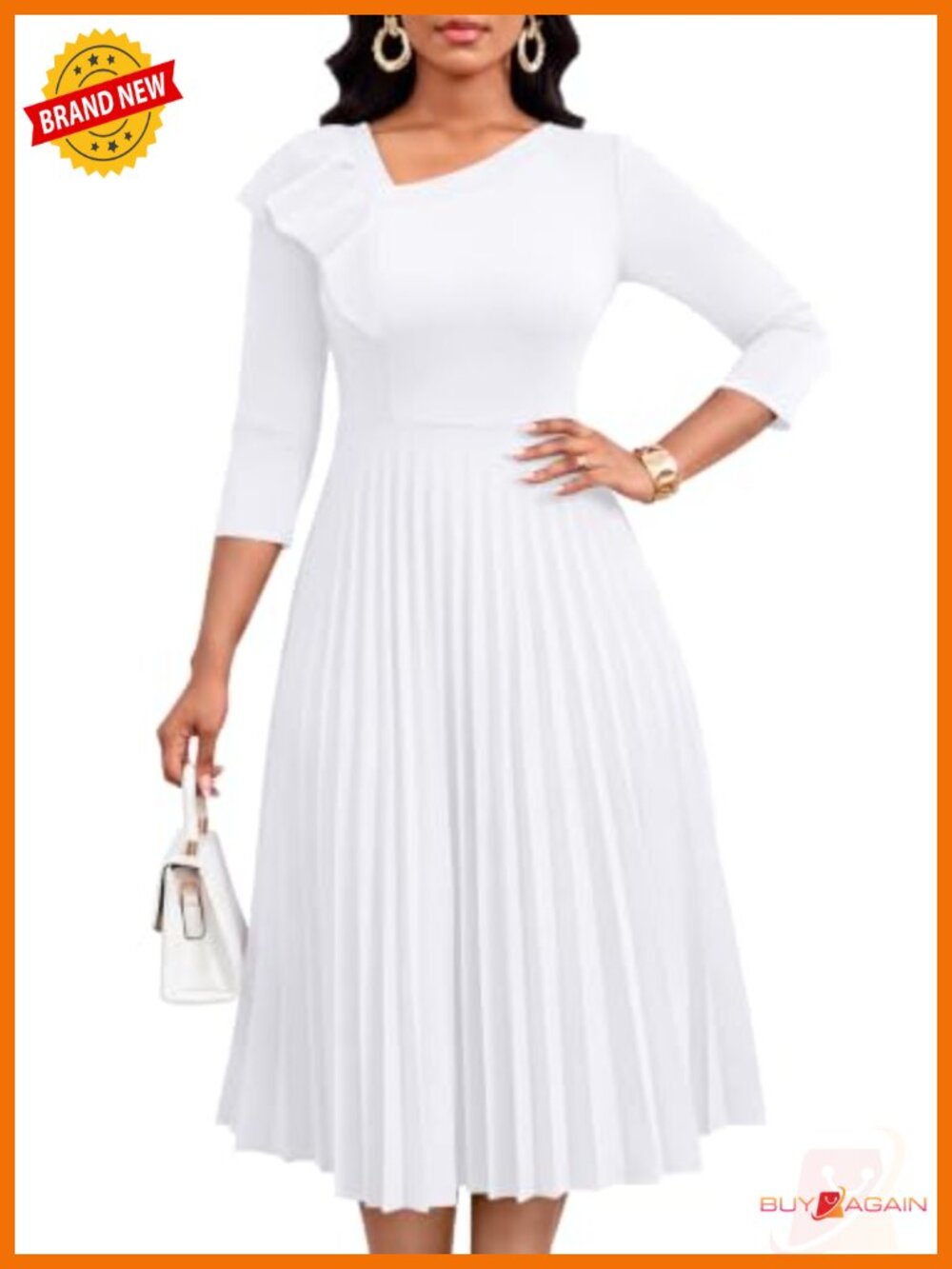 Nmoder Pleated Midi Dress 3/4 Sleeve Ruffle A-Line Church Dress